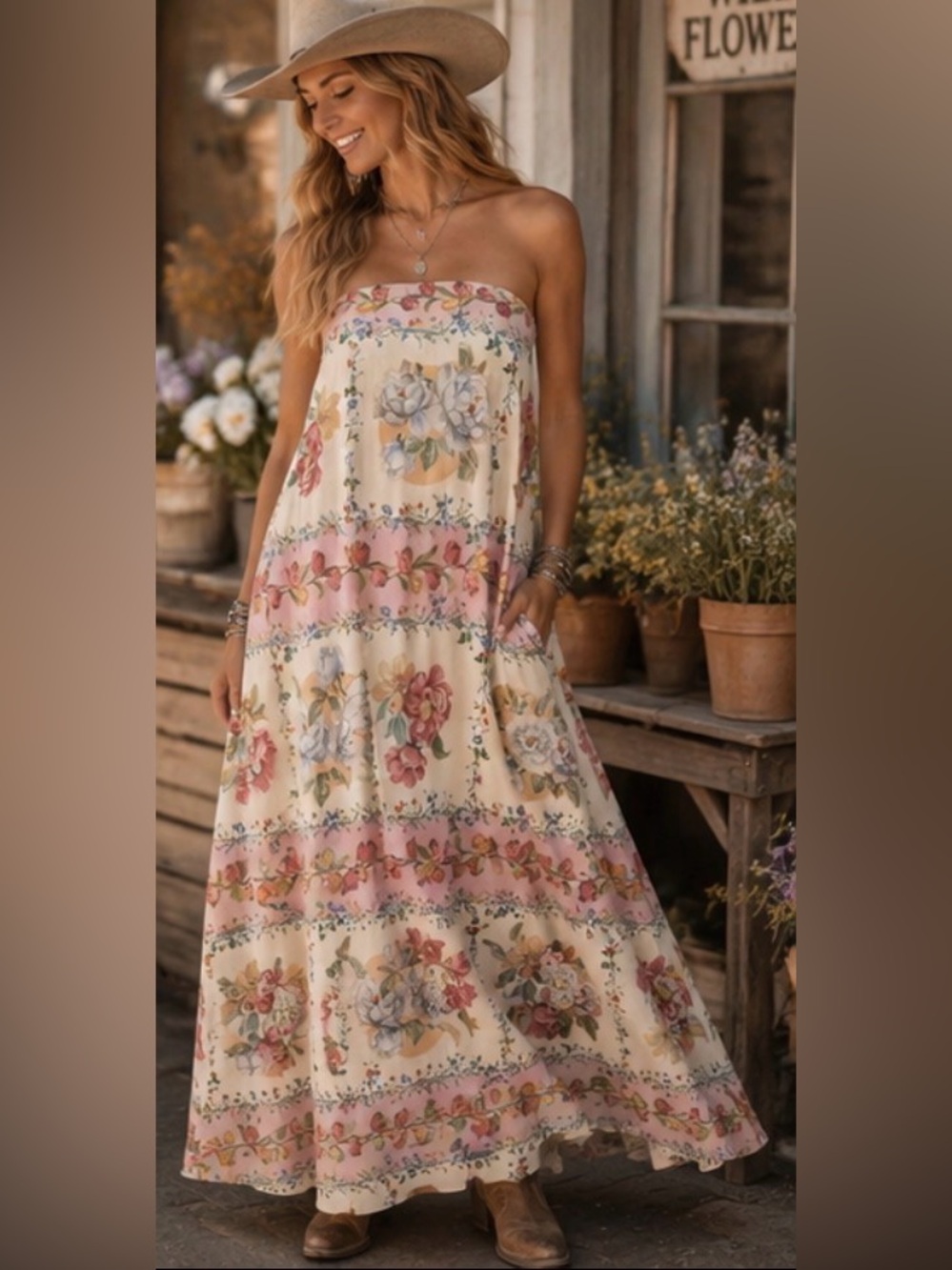 Petal & Pup Amora Strapless Floral Linen Blend Maxi Dress Rose Tile Boho